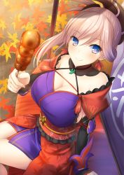 Rule 34 | 1girl, arm at side, arm guards, autumn, bare shoulders, bench, blue eyes, blush, breasts, cleavage, dango, earrings, fate/grand order, fate (series), food, frills, from side, holding, holding food, japanese clothes, jewelry, kimono, large breasts, long hair, looking at viewer, looking to the side, magatama, miyamoto musashi (fate), miyamoto musashi (third ascension) (fate), nail polish, off shoulder, outdoors, pink nails, ponytail, purple kimono, sash, silver hair, sitting, solo, taiki ken, tareme, wagashi