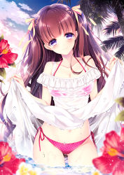 Rule 34 | 1girl, black hair, blurry, blurry foreground, brown hair, cloud, collarbone, cowboy shot, dress, hair ribbon, highres, long hair, looking at viewer, moe2018, off-shoulder dress, off shoulder, original, outdoors, purple eyes, ribbon, see-through, sky, smile, solo, standing, two side up, wading, water, wet, wet clothes, white dress, yuka (mischief)