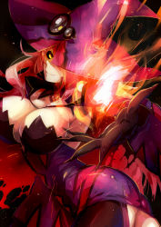 Rule 34 | 1girl, ass, black sclera, blazblue, blazblue: central fiction, breasts, cleavage, colored sclera, dress, fire, hat, hat over one eye, highres, huge breasts, konoe a. mercury, long hair, phantom (blazblue), pink hair, solo, suzunashi, witch hat, yellow eyes