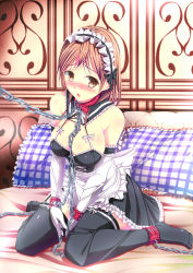 Rule 34 | 1girl, :o, absurdres, apron, bdsm, bed, blush, bondage, bound, breasts, brown eyes, brown hair, chain, chain leash, collar, cuffs, cuffs-to-collar, cyoppu, elbow gloves, frills, gloves, highres, leash, maid, maid apron, maid headdress, open mouth, original, pillow, ribbon, skirt, slave, solo, thighhighs, viewer holding leash
