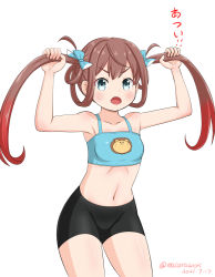 Rule 34 | 1girl, asagumo (kancolle), bikini, bikini under clothes, black shorts, bra, brown hair, commentary request, cowboy shot, dated, green eyes, grey eyes, hair ribbon, kantai collection, lion print, long hair, looking at viewer, masara (chuujou), midriff, one-hour drawing challenge, ribbon, shorts, simple background, solo, standing, swimsuit, swimsuit under clothes, training bra, twintails, twitter username, underwear, white background