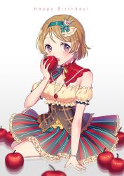 Rule 34 | !, 10s, 1girl, apple, aqua bow, arm support, bead bracelet, beads, blurry, blush, bow, bracelet, breasts, brown hair, cleavage, corset, crown, depth of field, detached collar, eating, english text, eyelashes, food, food-themed ornament, frills, fruit, gradient background, hair bow, hairband, happy birthday, holding, holding food, holding fruit, jewelry, koizumi hanayo, lace, lace-trimmed skirt, lace trim, light particles, love live!, love live! school idol festival, love live! school idol project, mini crown, neck ribbon, necklace, off shoulder, open mouth, pendant, puffy sleeves, purple eyes, reflective floor, ribbon, ribbon trim, short hair, sideways glance, sitting, skirt, small breasts, solo, striped bow, striped clothes, striped skirt, swept bangs, tiny (tini3030), vertical-striped clothes, vertical-striped skirt, yokozuwari
