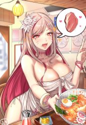 Rule 34 | 1girl, 3.4, bare shoulders, blush, bracelet, breasts, chopsticks, cleavage, collarbone, destiny child, dress, facial mark, fangs, flower, food, grey hair, hair flower, hair ornament, highres, jewelry, kamaboko, large breasts, long hair, mole, mole on breast, mole under mouth, multicolored hair, noodles, open mouth, pink eyes, pink hair, ramen, signature, solo, star-shaped pupils, star (symbol), symbol-shaped pupils, tamamo (destiny child), very long hair, white dress