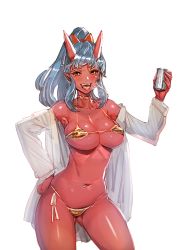 Rule 34 | 1girl, :d, beer can, bikini, bikini under clothes, blue hair, body piercings, bow, bow (bhp), breasts, can, choker, cleavage, collarbone, collared shirt, colored skin, covered erect nipples, cowboy shot, dress shirt, drink can, drunk, fangs, gluteal fold, hair bow, halterneck, hand on own hip, heavy breathing, holding, horns, large breasts, long hair, long sleeves, looking at viewer, micro bikini, navel, navel piercing, off shoulder, oni, oni horns, open clothes, open mouth, open shirt, original, piercing, pointy ears, ponytail, red bow, red eyes, red oni, red skin, shiny skin, shirt, side-tie bikini bottom, sidelocks, simple background, sketch, skindentation, smile, solo, stomach, string bikini, swept bangs, swimsuit, swimsuit under clothes, tiger stripes, underboob, white background, white shirt