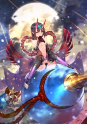 Rule 34 | 1girl, ass, bare shoulders, black legwear, breasts, chinese clothes, clothes lift, collarbone, detached sleeves, dudou, earrings, fate/grand order, fate (series), forehead jewel, full moon, fundoshi, gourd, headpiece, highres, horns, japanese clothes, jewelry, legs, looking at viewer, low twintails, moon, mouth hold, navel, night, night sky, oni, pointy ears, purple eyes, purple hair, rope, sash, short eyebrows, short hair, short twintails, shuten douji (fate), shuten douji (fate/grand order), shuten douji (halloween caster) (fate), sitting, skin-covered horns, sky, small breasts, smile, solo, star (symbol), star print, teddy (khanshin), thighs, toeless legwear, twintails, underboob