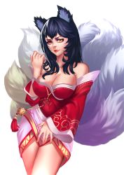Rule 34 | 1girl, absurdres, ahri (league of legends), animal ears, bare shoulders, black hair, breasts, chromatic aberration, cleavage, collarbone, cowboy shot, detached sleeves, eyebrows, eyelashes, eyeliner, eyeshadow, facial mark, female focus, fox ears, fox tail, highres, korean clothes, large breasts, league of legends, light smile, ling tong (523611665), lips, lipstick, long hair, looking at viewer, low neckline, makeup, multiple tails, nose, red lips, simple background, slit pupils, solo, standing, tail, transparent background, whisker markings, white background, yellow eyes