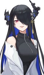 Rule 34 | 1girl, alternate costume, asymmetrical horns, black hair, blue hair, breasts, colored inner hair, demon horns, hair ornament, hair over one eye, highres, hololive, hololive english, horns, large breasts, long hair, looking at viewer, mole, mole under eye, multicolored hair, nerissa ravencroft, red eyes, single bare shoulder, smile, solo, two-tone hair, uneven horns, very long hair, virtual youtuber, yato kamo