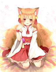 Rule 34 | 1girl, animal ear fluff, animal ears, bell, between legs, blonde hair, blush, chita (ketchup), detached sleeves, floral background, flower, fox ears, fox tail, hair bell, hair ornament, hakama, hakama short skirt, hakama skirt, hand between legs, hand on own shoulder, highres, japanese clothes, long hair, looking at viewer, multiple tails, nontraditional miko, obi, original, parted lips, platform footwear, red eyes, sash, signature, sitting, skirt, solo, tail, wariza, wrist cuffs