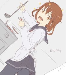 Rule 34 | &gt;:d, 10s, 1girl, :d, black pantyhose, black skirt, blush stickers, brown eyes, brown hair, cooking, fangs, frying pan, highres, holding, ikazuchi (kancolle), kantai collection, ladle, long sleeves, nujima, open mouth, pantyhose, school uniform, serafuku, short hair, simple background, skirt, smile, solo, star (symbol), twitter username, v-shaped eyebrows