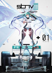 Rule 34 | 1girl, absurdres, aqua eyes, aqua hair, artist logo, artist name, blue hair, car, dated, english text, floating hair, formula one, goodsmile racing, gradient hair, hatsune miku, headgear, highres, jacket, keitel, long hair, looking at viewer, matching hair/eyes, mechanical legs, mercedes-benz, motor vehicle, multicolored hair, open hand, outstretched arm, petronas, pirelli, race vehicle, racecar, racing suit, sidelocks, solo, standing, swept bangs, twintails, vocaloid, white background, white jacket