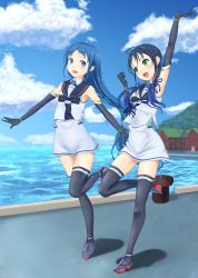 Rule 34 | 10s, 2girls, :d, armpits, ata (egalite), bad id, bad pixiv id, black legwear, blue eyes, blue hair, blue sky, building, cloud, day, dress, elbow gloves, full body, gloves, gradient hair, green eyes, hair ribbon, hands up, highres, horizon, jewelry, kantai collection, leg up, long hair, looking at another, low twintails, mountain, multicolored hair, multiple girls, necklace, ocean, open mouth, outdoors, ribbon, sailor collar, sailor dress, samidare (kancolle), school uniform, serafuku, shirt, shore, sky, sleeveless, sleeveless shirt, smile, suzukaze (kancolle), swept bangs, thighhighs, twintails, very long hair, water, zettai ryouiki