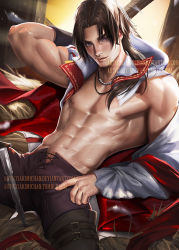Rule 34 | 1boy, abs, assassin&#039;s creed, assassin&#039;s creed (series), assassin&#039;s creed ii, boots, brown eyes, brown hair, ezio auditore da firenze, gradient background, hay, male focus, ponytail, sakimichan, scar, sitting, sky, solo, topless male