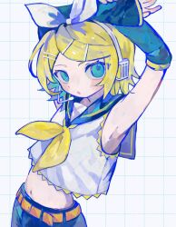 Rule 34 | 1girl, aqua eyes, armpits, arms up, belt, black shorts, black sleeves, blonde hair, blue eyes, bow, detached sleeves, hair bow, kagamine rin, looking at viewer, s1ho (ukiy0u0), shorts, vocaloid