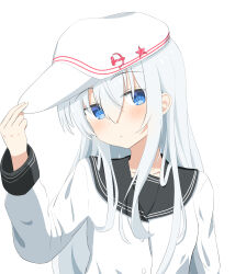 Rule 34 | 1girl, absurdres, black sailor collar, blue eyes, commentary request, flat cap, hammer and sickle, hat, hibiki (kancolle), highres, holding, holding clothes, holding hat, kantai collection, looking at viewer, partial commentary, sailor collar, school uniform, serafuku, shirasu (sirasuillust), shirt, simple background, solo, upper body, verniy (kancolle), white background, white hair, white hat, white shirt