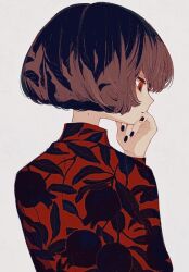 Rule 34 | 1girl, black nails, bob cut, brown hair, closed mouth, fingernails, floral print, from behind, highres, ka (marukogedago), long sleeves, mole, mole on neck, mole under mouth, nail polish, nape, original, red eyes, red shirt, shirt, short hair, simple background, solo, white background