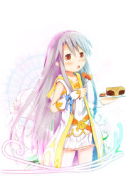 Rule 34 | 1girl, absurdres, blush, brown hair, collarbone, commentary request, detached sleeves, dress, flower, food, fork, gradient hair, hair between eyes, highres, holding, holding fork, holding plate, long hair, multicolored hair, open mouth, original, plate, pointy ears, purple hair, silver hair, sleeveless, sleeves past wrists, solo, sparkle, su guryu, very long hair, white background, white dress, white flower