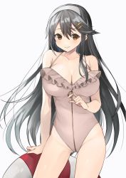 Rule 34 | 1girl, black hair, breasts, casual one-piece swimsuit, cleavage, commentary request, cowboy shot, frilled swimsuit, frills, grey one-piece swimsuit, hair ornament, hairband, hairclip, haruna (kancolle), highres, kantai collection, lifebuoy, long hair, looking at viewer, one-piece swimsuit, simple background, solo, standing, swim ring, swimsuit, toriniku senshi chikinman, white background, white hairband