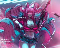 Rule 34 | 1girl, :3, animal ears, bell, belt, belt pouch, breasts, cleavage, collar, commentary, commission, cowboy shot, crop top, cutoffs, double bun, ehrrr, english commentary, eyes visible through hair, fox ears, fox girl, fox tail, glasses, gun, hair between eyes, hair bun, hair ornament, hairclip, highres, holding, holding gun, holding weapon, jingle bell, kitsune, kyuubi, large breasts, long hair, looking at viewer, magazine (weapon), micro shorts, midriff, multiple tails, neck bell, original, pink eyes, pink hair, pouch, rectangular eyewear, rifle, semi-rimless eyewear, shorts, sig mcx, smile, solo, tail, twitter username, under-rim eyewear, weapon, wristband