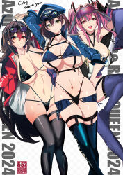 3girls :d ahoge arm_up armpits azur_lane baltimore_(azur_lane) baltimore_(finish_line_flagbearer)_(azur_lane) bare_shoulders bikini black_bikini black_choker black_hair black_thighhighs blue_bikini blue_footwear blue_hat blue_jacket blue_shorts boots breasts bremerton_(azur_lane) brown_hair chest_harness choker cleavage closed_mouth clothes_writing collarbone comiket_104 commentary_request covered_erect_nipples cropped_jacket crossed_bangs eyewear_on_head gloves grey_hair hair_between_eyes hair_intakes hair_ornament hand_on_own_hip harness hat highleg highleg_bikini highres jacket large_breasts long_hair looking_at_viewer merican_sack micro_shorts mismatched_bikini multi-strapped_bikini_bottom multicolored_hair multiple_girls navel no_mole off_shoulder official_alternate_costume open_clothes open_jacket open_mouth peaked_cap pink-tinted_eyewear pink_eyes pink_hair race_queen red_eyes red_jacket short_hair shorts sidelocks skindentation smile standing stomach streaked_hair sunglasses swimsuit taihou_(azur_lane) taihou_(enraptured_companion)_(azur_lane) teeth thigh_boots thigh_strap thighhighs tinted_eyewear twintails two-tone_hair underbust unitard upper_teeth_only very_long_hair white_background white_unitard yellow_eyes