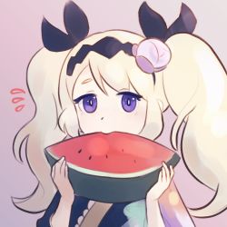 Rule 34 | 1girl, blonde hair, covered mouth, dotpyenji, dragalia lost, eating, food, fruit, hair ornament, highres, japanese clothes, kimono, lathna, long hair, looking at viewer, official alternate costume, purple background, purple eyes, solo, twintails, upper body, watermelon