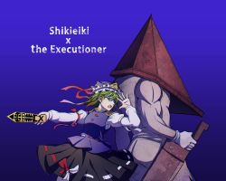 Rule 34 | 1boy, 1girl, ass, black skirt, blue background, character name, crossover, english text, gradient background, green hair, highres, holding, holding weapon, muscular, muscular male, pyramid head, ribbon-trimmed skirt, ribbon trim, sdz (inazuma), shiki eiki, silent hill, silent hill (series), skirt, tank top, touhou, weapon, white tank top, wind