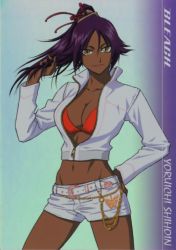Rule 34 | 1girl, belly, bikini, bikini top only, bleach, breasts, cleavage, collarbone, hand in own hair, hand on own hip, jacket, long hair, looking at viewer, midriff, navel, official art, open clothes, open jacket, purple hair, scan, scrunchie, shihouin yoruichi, short shorts, shorts, smile, swimsuit, thighs, unzipped