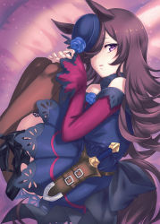 Rule 34 | 1girl, animal ears, bare shoulders, black footwear, black hat, blue dress, blue flower, blue rose, blush, brown hair, brown thighhighs, commentary request, dagger, dress, flower, hair over one eye, hands up, hat, hat flower, high heels, highres, horse ears, horse girl, horse tail, knees up, knife, long hair, long sleeves, lying, off-shoulder dress, off shoulder, on side, parted lips, purple eyes, rice shower (umamusume), rose, shoes, sleeves past wrists, solo, tail, thighhighs, tilted headwear, umamusume, very long hair, weapon, yano takumi