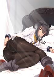 Rule 34 | 10s, 1girl, ankle boots, ass, bed, black hair, black pantyhose, blush, boots, dress, gradient hair, hairband, high heel boots, high heels, highres, kantai collection, legs, looking at viewer, lying, multicolored hair, on side, open mouth, panties, panties under pantyhose, pantyhose, pillow, sailor dress, school uniform, short hair, short hair with long locks, side-tie panties, solo, thighs, tokitsukaze (kancolle), underwear, wa (genryusui), white panties