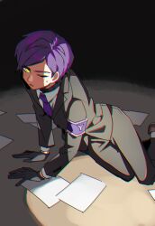 Rule 34 | 1boy, armband, chromatic aberration, collared shirt, commentary request, gloves, grey gloves, grey jacket, grey pants, grey sweater, jacket, kneeling, lobotomy corporation, long sleeves, male focus, medu (rubish), necktie, one eye closed, open mouth, pants, papers, project moon, purple armband, purple hair, purple necktie, ribbed sweater, shirt, short hair, solo, sweat, sweater, turtleneck, turtleneck sweater, white shirt, yesod (project moon)