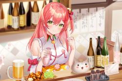 Rule 34 | 1girl, ahoge, alcohol, bare shoulders, beer, beer mug, bell, blush, book, bottle, breasts, commentary request, counter, cup, detached sleeves, food, green eyes, hair bell, hair between eyes, hair ornament, hair ribbon, hands up, holding, holding book, holding cup, hololive, japanese clothes, kimono, large breasts, long hair, looking at viewer, motsunuki, mug, obi, one side up, pink hair, red ribbon, ribbon, sakura miko, sakura miko (1st costume), sash, smile, solo, translation request, upper body, virtual youtuber, white kimono, wine bottle, x hair ornament, yellow sash
