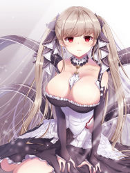 Rule 34 | 1girl, azur lane, between breasts, black dress, blunt bangs, blush, breasts, cleavage, closed mouth, collarbone, commentary, detached collar, dress, earrings, expressionless, formidable (azur lane), frilled dress, frills, frown, full body, grey background, hair ribbon, highres, jewelry, large breasts, light particles, light ray, lips, long hair, looking at viewer, off-shoulder dress, off shoulder, poco., red eyes, ribbon, silver hair, simple background, sitting, solo, white neckwear, yokozuwari