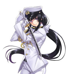 Rule 34 | 10s, 1girl, aiguillette, belt, black hair, blunt bangs, bow, breasts, buttons, female admiral (kancolle), fighting stance, gloves, hair bow, hands up, hat, highres, holding, holding weapon, kantai collection, large breasts, light smile, lips, long hair, long sleeves, looking at viewer, low ponytail, matsuryuu, military, military uniform, mole, mole under mouth, naval uniform, pants, peaked cap, ponytail, purple eyes, revision, simple background, smile, solo, standing, sword, uniform, very long hair, wakizashi, weapon, white background, white gloves