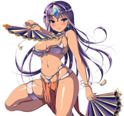 Rule 34 | 1girl, bare shoulders, blush, bracelet, breasts, cleavage, cowboy shot, dancer&#039;s costume (dq), dark-skinned female, dark skin, dragon quest, dragon quest iv, dual wielding, earrings, folding fan, groin, hand fan, holding, iga (nonono tsuushin), jewelry, long hair, looking at viewer, manya (dq4), medium breasts, navel, necklace, parted lips, pelvic curtain, purple eyes, purple hair, smile, solo, thighlet, tiara, tsurime, white background
