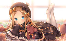 Rule 34 | 1girl, abigail williams (fate), black bow, black dress, black hat, blonde hair, blue eyes, blush, bow, breasts, closed mouth, commentary request, dress, fate/grand order, fate (series), feet up, forehead, hair bow, hat, lokyin house, long hair, looking at viewer, lying, multiple hair bows, on stomach, orange bow, parted bangs, polka dot, polka dot bow, ribbed dress, sleeves past fingers, sleeves past wrists, small breasts, smile, stuffed animal, stuffed toy, teddy bear, white legwear