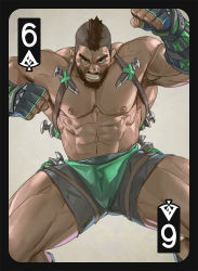 Rule 34 | 1boy, abs, armpits, bara, beard, biceps, black eyes, card (medium), chest belt, clenched hands, facial hair, fingerless gloves, gauntlets, gloves, green male swimwear, green swim trunks, grey male swimwear, grey swim trunks, knife, large pectorals, legband, looking at viewer, male focus, male swimwear, manly, mature male, mohawk, multicolored clothes, multicolored male swimwear, multicolored swim trunks, multicolored swimsuit, muscular, muscular male, nipples, no pants, no shirt, original, pectorals, short hair, solo, spread legs, swim trunks, swimsuit, teeth, thick arms, thick eyebrows, thick thighs, thighs, tooboshoo, undercut, weapon