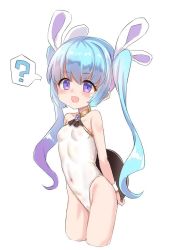 Rule 34 | 1girl, :d, ?, animal ears, arms behind back, blue hair, blush, breasts, collarbone, covered navel, cropped legs, fake animal ears, hair between eyes, holding, holding tray, leotard, long hair, looking at viewer, multicolored hair, open mouth, original, playboy bunny, purple eyes, purple hair, rabbit ears, simple background, small breasts, smile, solo, spoken question mark, streaked hair, tray, twintails, unname, very long hair, white background, white leotard, wrist cuffs