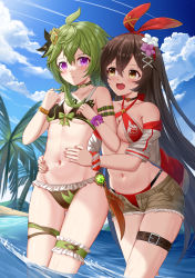 Rule 34 | 2girls, absurdres, ahoge, amber (genshin impact), arm strap, bikini, bikini under clothes, blue sky, blush, bow hairband, breasts, bridal garter, brown eyes, brown hair, choker, cleavage, cloud, collei (genshin impact), contrail, criss-cross halter, crossed bangs, dutch angle, flower, frilled bikini, frills, genshin impact, gluteal fold, green hair, groin, hair flower, hair ornament, hairband, halterneck, hand up, hands on another&#039;s stomach, hands up, highres, legs together, long hair, looking at another, looking at viewer, medium breasts, medium hair, multiple girls, navel, off shoulder, open fly, open mouth, outdoors, purple eyes, short shorts, shorts, sidelocks, sky, skym (kumei), stomach, straight hair, swimsuit, thigh strap, vision (genshin impact), wading, water