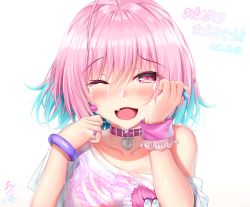 Rule 34 | 1girl, bangle, blouse, blue hair, blush, bracelet, breasts, collar, collarbone, crying, crying with eyes open, dated, fang, frills, hair between eyes, hands up, heart-shaped lock, highres, idolmaster, idolmaster cinderella girls, jewelry, large breasts, looking at viewer, multicolored hair, off-shoulder shirt, off shoulder, one eye closed, open mouth, pill, pink eyes, pink hair, raised eyebrows, ring, runny nose, shirt, short hair, short sleeves, single bare shoulder, skeleton print, smile, snot, solo, tears, tongue, translated, two-tone hair, upper body, white background, white shirt, wristband, yumemi riamu, yunagi amane