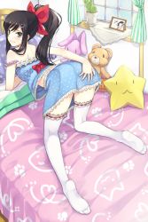 Rule 34 | 1girl, :3, all fours, ass, bed, black hair, blanket, bow, cactus, denchuubou, feet, frown, green eyes, hair ribbon, kamijou rui, long hair, moegacha, non-web source, paw print, photo (object), pillow, ponytail, ribbon, ribbon-trimmed legwear, ribbon trim, solo, source request, star (symbol), stuffed animal, stuffed rabbit, stuffed toy, teddy bear, thighhighs, white thighhighs, window