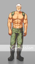 Rule 34 | 1boy, abs, arm hair, backpack, bag, bara, beard, camouflage, camouflage pants, chest hair, commission, dark-skinned male, dark skin, dobito mn, facial hair, full body, large pectorals, male focus, mature male, muscular, muscular male, mustache, navel, navel hair, no nipples, old, old man, original, pants, pectorals, short hair, solo, standing, stomach, topless male, watermark, white hair