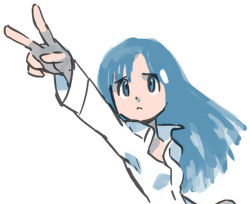 Rule 34 | 1girl, blue eyes, blue hair, breasts, character request, closed mouth, collared shirt, commentary request, copyright request, frown, long hair, long sleeves, matching hair/eyes, popped collar, shirt, simple background, small breasts, solo, sugimori ken, upper body, v, white background, white shirt