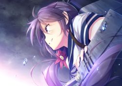Rule 34 | 10s, 1girl, akebono (kancolle), bell, bubble, cannon, cloud, cloudy sky, flower, from below, from side, hair bell, hair flower, hair ornament, jewelry, kantai collection, machinery, masaki kei, purple eyes, purple hair, ring, school uniform, serafuku, short sleeves, side ponytail, sky, smile, smokestack, solo, teeth, turret, uniform, water, wedding band