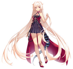 Rule 34 | 1girl, absurdly long hair, absurdres, azur lane, choker, dress, evening gown, halter dress, halterneck, highres, holding, holding own hair, light brown hair, long dress, long hair, mechanical tail, montpelier (azur lane), montpelier (persephone&#039;s throne) (azur lane), official alternate costume, purple dress, purple eyes, qiao gongzi, red choker, red dress, red footwear, shoes, simple background, sleeveless, sleeveless dress, solo, tail, two-tone dress, very long hair, white background