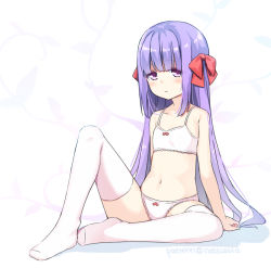 Rule 34 | 1girl, blush, bow, bow bra, bow panties, bra, full body, hair bow, hatsunatsu, knee up, long hair, looking at viewer, no shoes, original, panties, parted lips, purple eyes, purple hair, red bow, shadow, signature, sitting, solo, thighhighs, underwear, underwear only, very long hair, white bra, white panties, white thighhighs