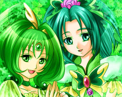 Rule 34 | 00s, 10s, 2girls, akimoto komachi, bad id, bad pixiv id, brooch, butterfly hair ornament, choker, color connection, creator connection, cure march, cure mint, eyelashes, green background, green eyes, green hair, green theme, hair ornament, jewelry, long hair, midorikawa nao, multiple girls, precure, puffy sleeves, smile, smile precure!, tokiwa wakatake, tri tails, yes! precure 5