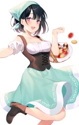 Rule 34 | 1girl, :d, achiki, bare shoulders, basket, black hair, blue skirt, boots, breasts, brown footwear, checkerboard cookie, collarbone, commentary request, cookie, food, hand up, head scarf, highres, looking at viewer, off-shoulder shirt, off shoulder, open mouth, puffy short sleeves, puffy sleeves, purple eyes, satou koharu, shio taiou no satou-san ga ore ni dake amai, shirt, short hair, short sleeves, simple background, skirt, small breasts, smile, solo, standing, standing on one leg, thumbprint cookie, underbust, white background, white shirt