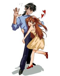 Rule 34 | 1boy, 1girl, bare legs, bare shoulders, breasts, brown hair, cleavage, disgust, dress, forced smile, happy, highres, hug, interface headset, kaji ryouji, long hair, low ponytail, neon genesis evangelion, small breasts, smile, souryuu asuka langley, standing, sundress, sweat, twintails, white background, wwggqqmm, yellow dress