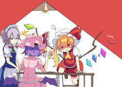 Rule 34 | 3girls, angry, apron, ascot, bad id, bad pixiv id, bat wings, blonde hair, blue eyes, braid, card, crystal, expressionless, female focus, flandre scarlet, fume, hat, hat ribbon, hizakozouzu, izayoi sakuya, lamp, light bulb, low wings, maid, maid apron, maid headdress, multiple girls, open mouth, playing, playing card, puffy sleeves, purple hair, red background, red eyes, remilia scarlet, ribbon, short hair, short sleeves, side ponytail, silver hair, simple background, table, touhou, twin braids, two-tone background, white background, wings
