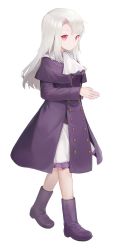 Rule 34 | 1girl, ascot, boots, closed mouth, coat, fate/stay night, fate (series), frilled skirt, frills, full body, grey background, hair intakes, highres, illyasviel von einzbern, long hair, long sleeves, medium skirt, purple coat, purple footwear, red eyes, simple background, skirt, solo, straight hair, taena, transparent background, walking, white ascot, white hair, white skirt
