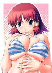 Rule 34 | 1girl, bikini, bikini in mouth, blush, breasts, bursting breasts, clothes in mouth, covered erect nipples, green eyes, jon shicchiou, large breasts, mouth hold, nipples, quiz magic academy, red hair, ruquia, see-through, short hair, solo, striped bikini, striped clothes, swimsuit